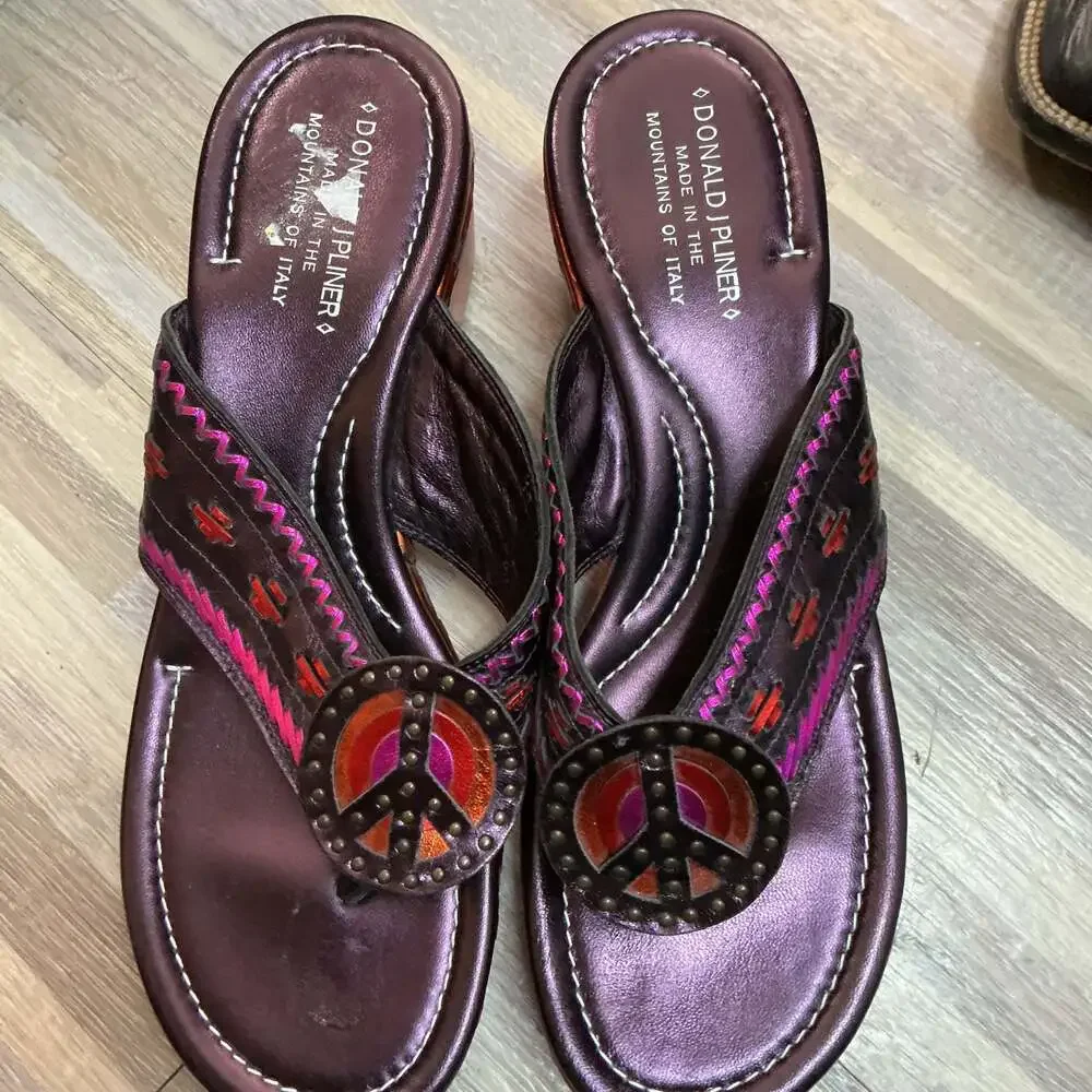 Donald J. Pliner Sidra Metallic Leather Peace Sign Wedge Sandals